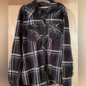 Buckle Black Men's Black Plaid Button-Down Shirt with Blue & Yellow